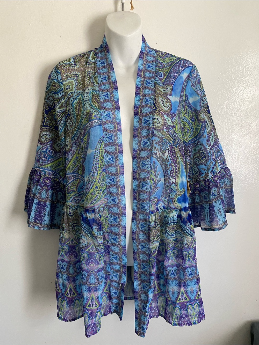 ONE WORLD Blue and Green Paisley Sheer Kimono